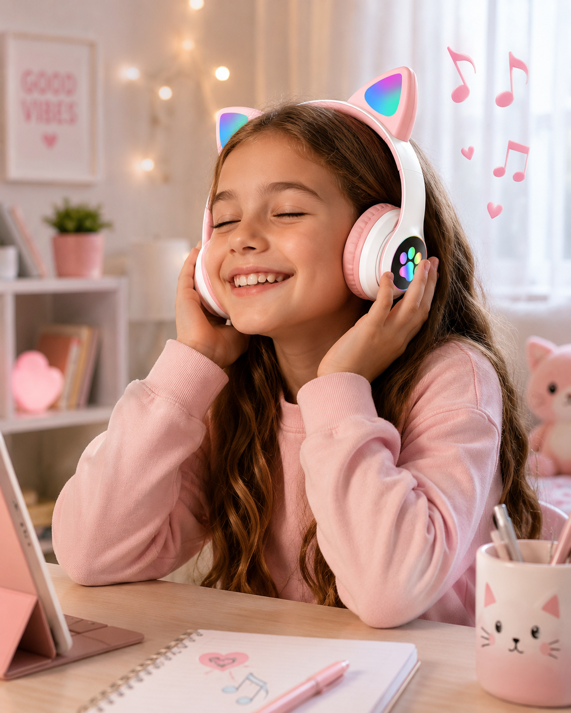 Căști Wireless Pliabile pentru Copii, cu Urechi de Pisică și Lumini LED RGB – Sunet Clar și Design Adorabil - imagine 3
